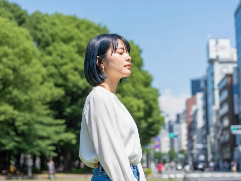 アッシュ系の髪色をして街中で佇んでいる女性