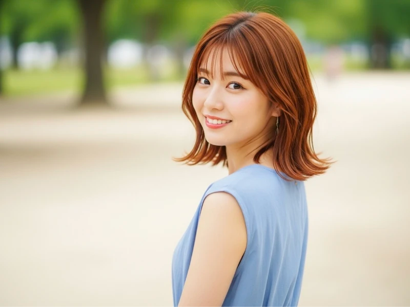 落ち着いたブラウン系の髪色をして微笑みながら振り買っている女性