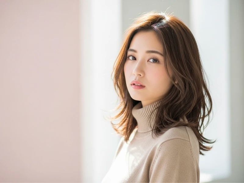 明るめのブラウン系の髪色をしてこちらを向いている女性