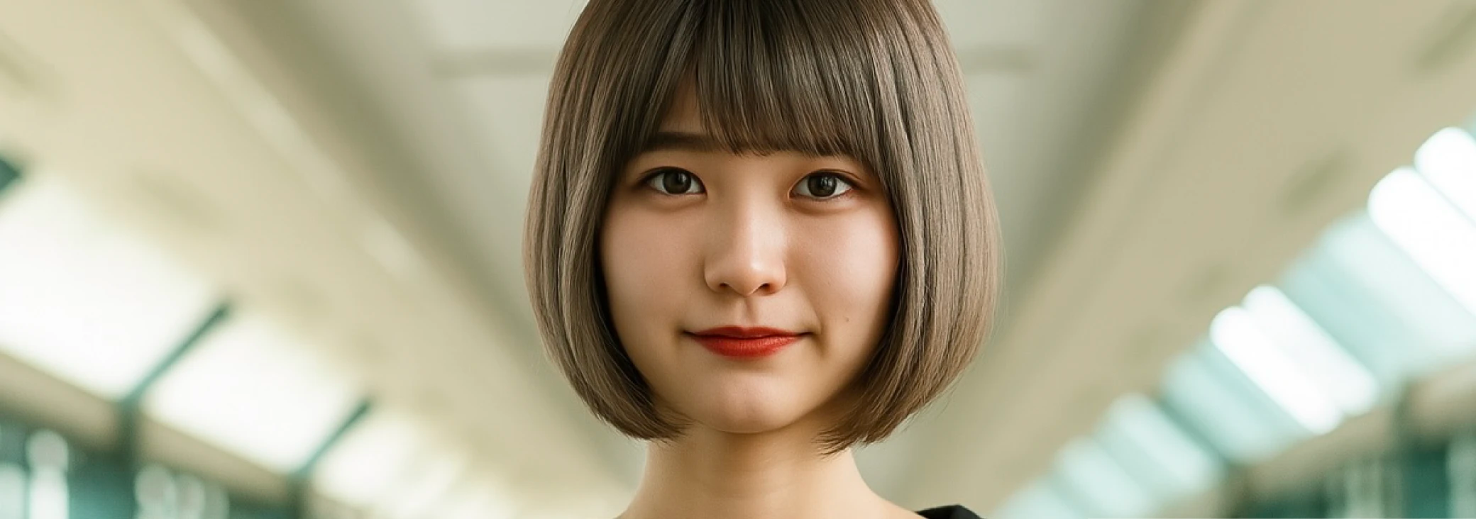 アッシュ系の髪色をして微笑んでいる女性