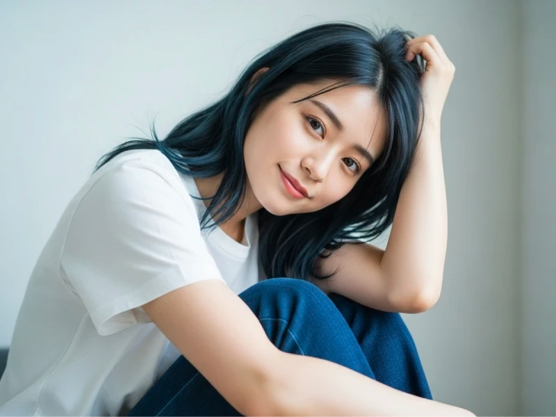 アッシュ系の髪色をして微笑んでいる女性