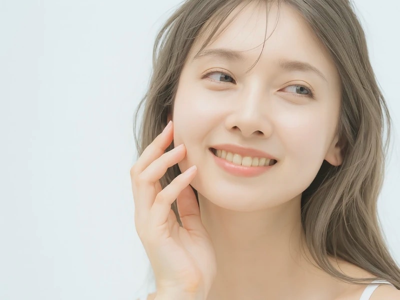 グレージュの髪色をして微笑んでいる女性