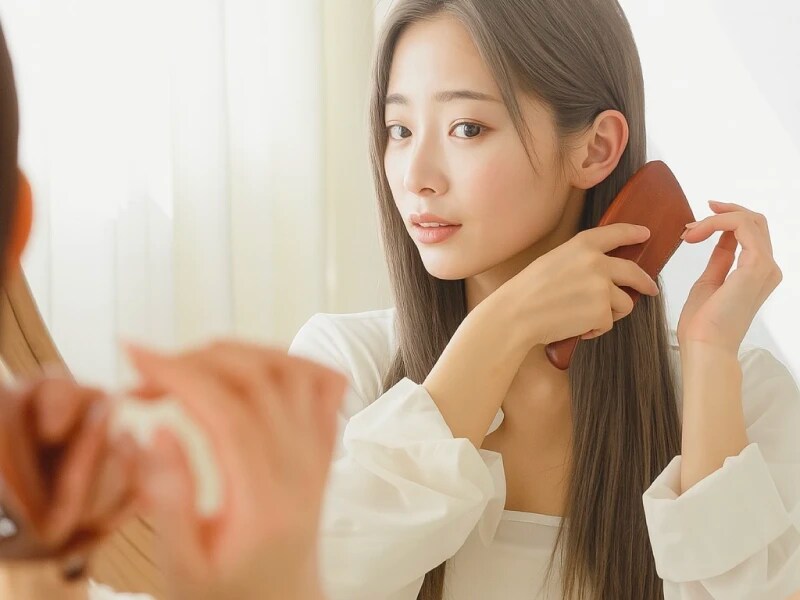 髪をブラッシングしながら鏡に写った自分を見つめている女性