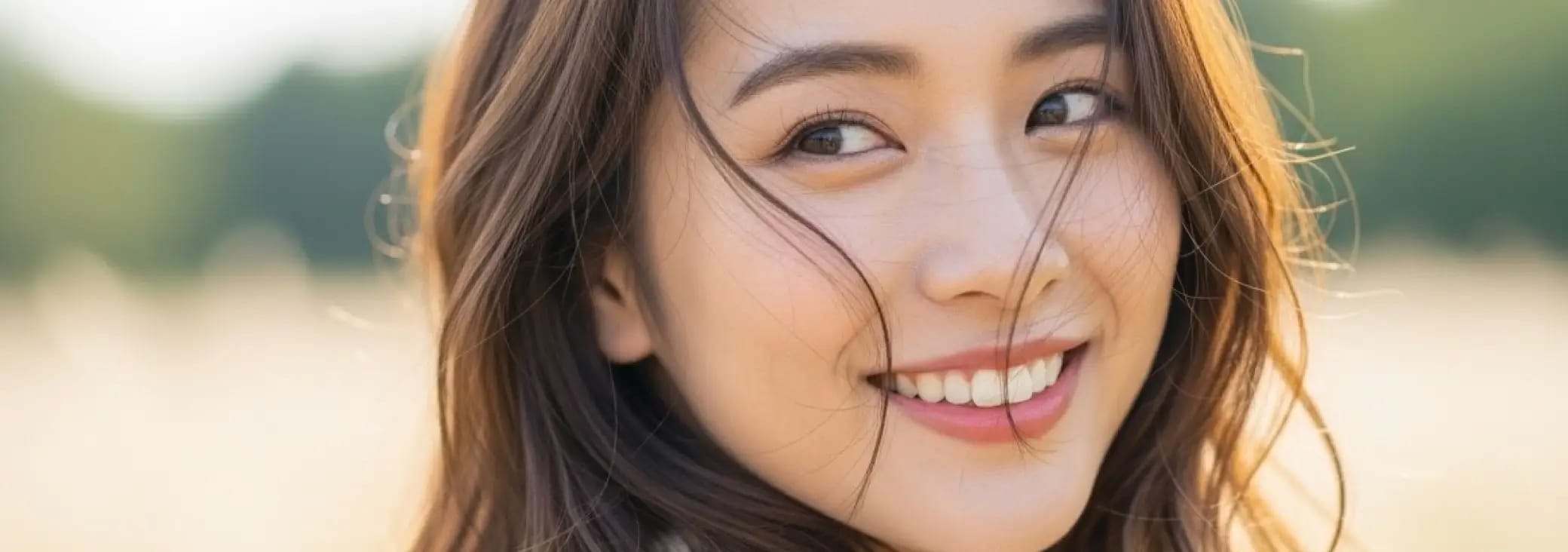 草原のなかで振り向きながら微笑んでいる女性