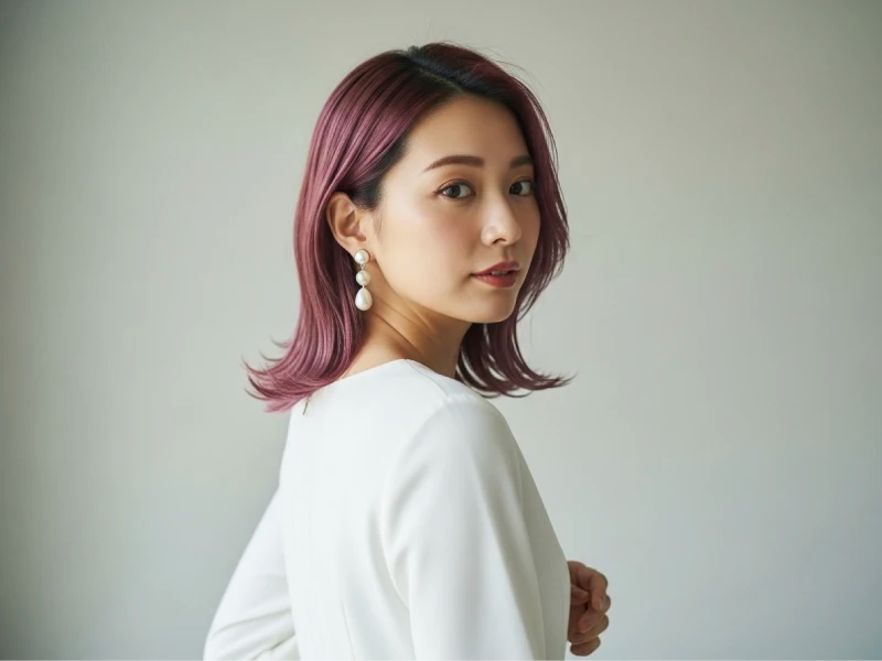 暗めのピンクの髪色をして微笑んでいる女性