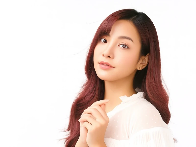 落ち着いたピンクの髪色をして微笑んでいる女性