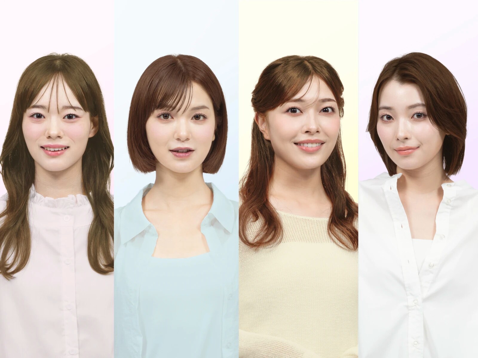 ビューティラボのブラウン系のヘアカラーをして微笑んでいる4人の女性のコラージュ画像