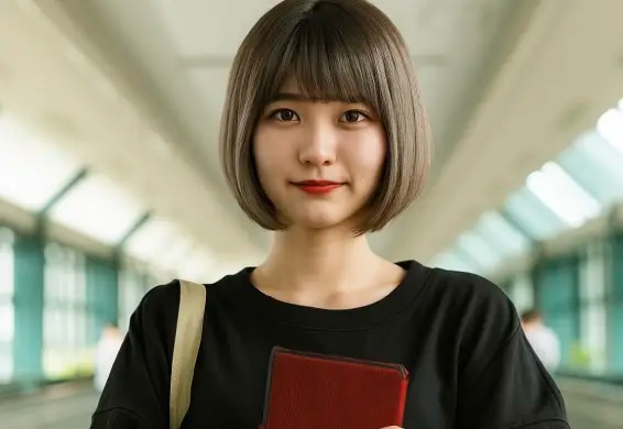 アッシュ系の髪色をして微笑んでいる女性