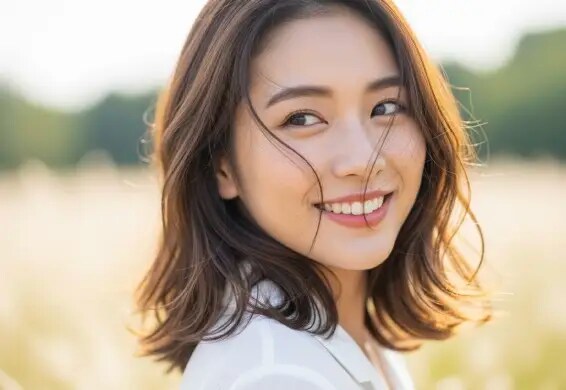 草原のなかで振り向きながら微笑んでいる女性