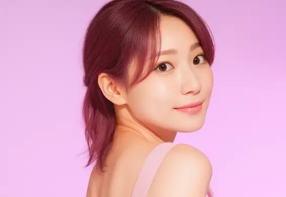 明るめのピンクの髪色をして微笑んでいる女性